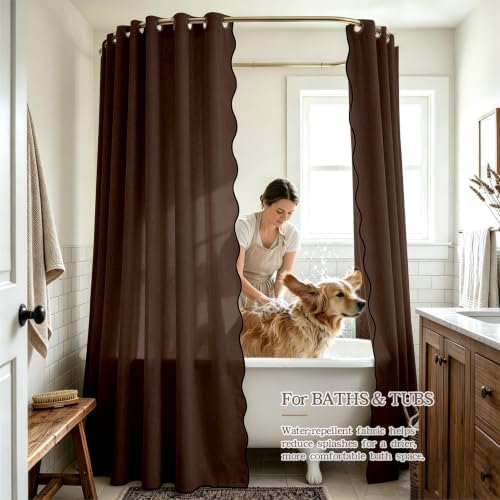 Furlinic Scalloped Shower Curtain No Hook Linen Brown 72x96 Long Waterproof