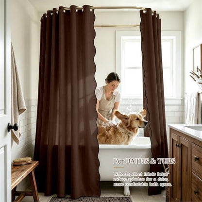 Furlinic Scalloped Shower Curtain No Hook Linen Brown 72x96 Long Waterproof