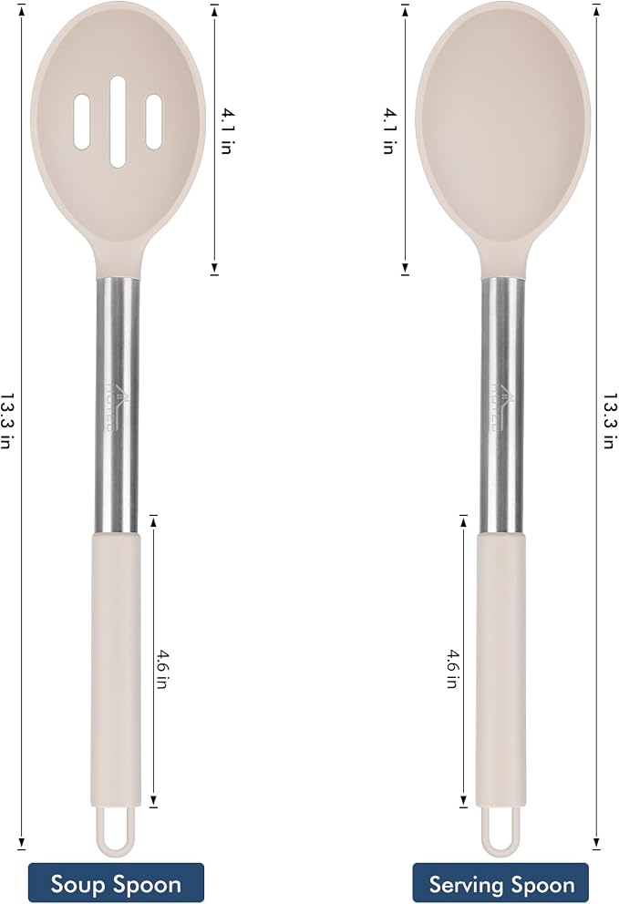 HOTEC Heat Resistant Large Silicone Cooking Spoon, Solid Slotted Spoons, Nonstick Kitchen Cookware Utensils, Mixing, Serving, Stiring Large Spoons, Khaki