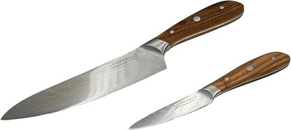 Swiss Diamond Chef & Paring Knife, German Steel with Carbonized Ash Wood, Full Tang Handle, Damascus Blade Chef Knives Professional Grade, 55+2 Rockwell Hardness, 8 & 4.5 Inch