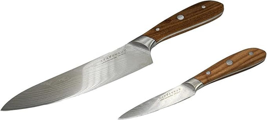 Swiss Diamond Chef & Paring Knife, German Steel with Carbonized Ash Wood, Full Tang Handle, Damascus Blade Chef Knives Professional Grade, 55+2 Rockwell Hardness, 8 & 4.5 Inch