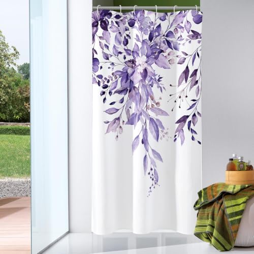 Gibelle Purple Eucalyptus Shower Curtain, Watercolor Floral Print, 48x72