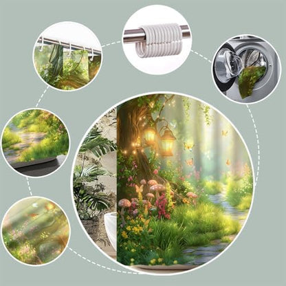 Fantasy Forest Path Shower Curtain Fairy Magical Enchanted Misty Jungle Mushroom Floral Tree Butterfly Lantern Spring Wonderland Bath Curtain Fabric Bathroom Accessories Decor with Hooks 70W x75L