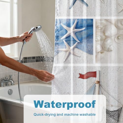 Beach Small Shower Curtain Ocean Modern Nautical Theme Fabric Aesthetic Lighthouse Seashell Bathroom Decor Sets with Grommets and Hooks 36 W x 72 H Inches Blue and White