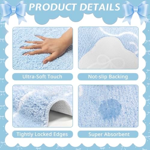 Mocsicka Blue Bow Bath Mat Cute Bow Bathroom Rug Super Soft Absorbent Bathroom Rugs Non Slip Bath Mat Machine Washable Rug for Bathrooms 16x24 inches (Blue, 40x60cm)