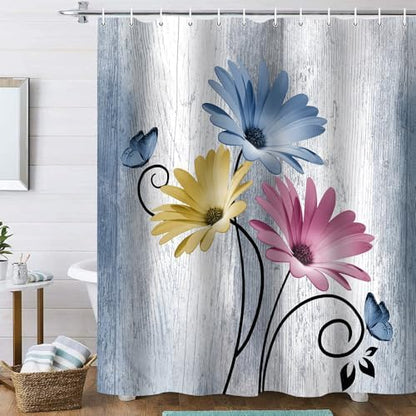 Onalasyc 4PCS Hot Pink Daisy Bathroom Sets with Shower Curtain and Rugs