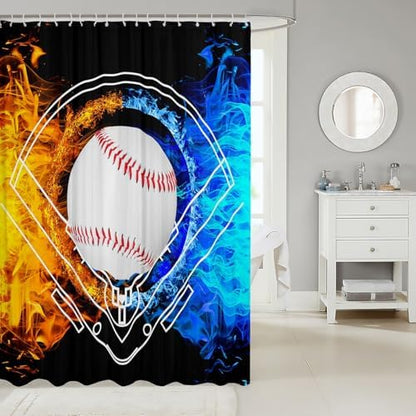 jejeloiu Baseball Bath Curtain Boys Girls 72"x72" Sports Game Shower Curtain for Kids Women Men Waterproof Ice Fire Bathroom Shower Curtain Set White Red Blue Kids Bathroom Accessories