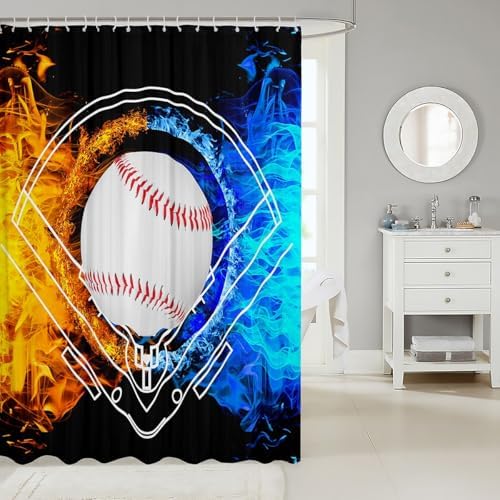 jejeloiu Baseball Bath Curtain Boys Girls 72"x84" Sports Game Shower Curtain for Kids Women Men Waterproof Ice Fire Bathroom Shower Curtain Set White Red Blue Kids Bathroom Accessories