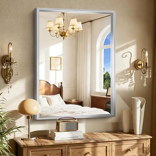 CIRCUMI 30"x42" Brushed Silver Bathroom Mirror, Rectangular Vanity Mirror
