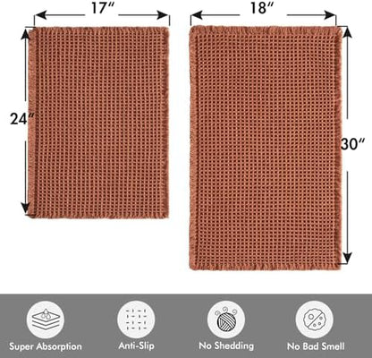 MIULEE Fall Rust Set of 2 Waffle Bathroom Rugs Boho Mat 17"x24"+18"x30"