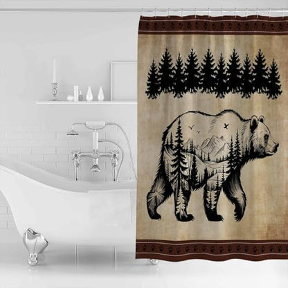 Shower Curtain Bathroom Set Bear Forest Mountains Animal Silhouette Waterproof Shower Curtains with Grommets Hooks Vintage Brown Gradient Privacy Bath Curtain for Bathtub Decor 36x72in