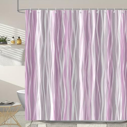 Moonslim Pink Grey Ombre Shower Curtain, Modern Wavy Abstract Striped Line Bathroom Curtain, Waterproof Fabric Bath Decor, 72 x 72 Inch