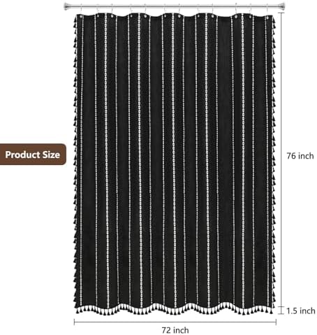 Seenus 72 x 76 inch Extra Long Boho Chic Shower Curtain Heavyweight with Tassels, Soft Linen Textured Fabric Farmhouse Shower Curtain, Elegant Black and White Striped Bathroom Curtain Water Repellent