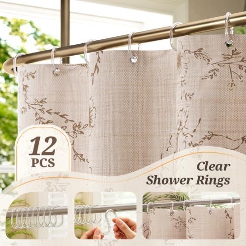 Vintage Beige Floral Shower Curtain with 12 Clear Rings - 72" W x 84" L