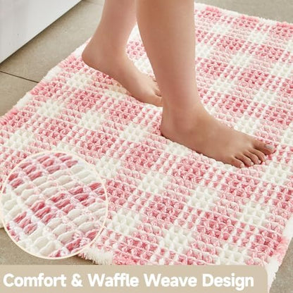 TYUU Waffle Runner Rug Bathroom, Long Cute Bath Mat, 60x24 Pink & White