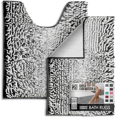 Hearth & Harbor Bathroom Rugs, Chenille Bath Mat - Machine Washable Bath Mats for Bathroom Non-Slip Backing Rubber, Quick Dry Bathroom Mat, 17 x 24 + 20 x 24 - Ombre Black