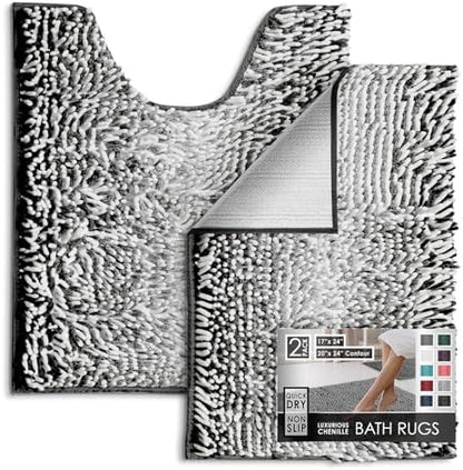 Hearth & Harbor Bathroom Rugs, Chenille Bath Mat - Machine Washable Bath Mats for Bathroom Non-Slip Backing Rubber, Quick Dry Bathroom Mat, 17 x 24 + 20 x 24 - Ombre Black