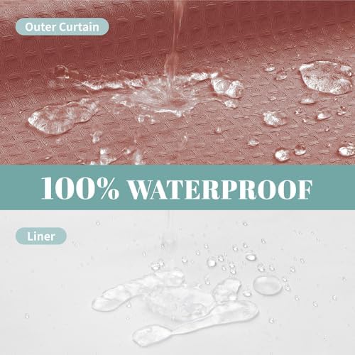 eachope No Hook Waffle Shower Curtain with Snap-in Liner, 71x77 Inch, Coral