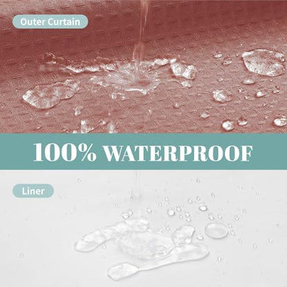 eachope No Hook Waffle Shower Curtain with Snap-in Liner, 71x77 Inch, Coral