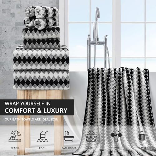 8 Piece Bathroom Towel Set Black White|2 Oversized Large Bath Towels Sheet,2 Hand Towels,4 Washcloths| 600GSM Soft Towel Set for Bathroom Hotel,Highly Absorbent Quick Dry Bath Towel Collections
