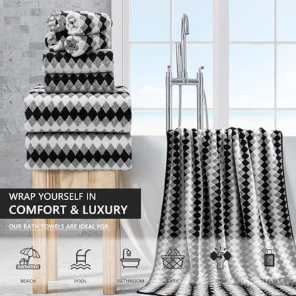 8 Piece Bathroom Towel Set Black White|2 Oversized Large Bath Towels Sheet,2 Hand Towels,4 Washcloths| 600GSM Soft Towel Set for Bathroom Hotel,Highly Absorbent Quick Dry Bath Towel Collections