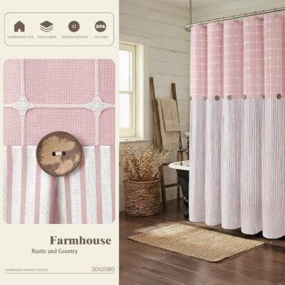 Farmhouse Shower Curtain Button Plaid-Pink-Pink Stripe 72"W x 72"L