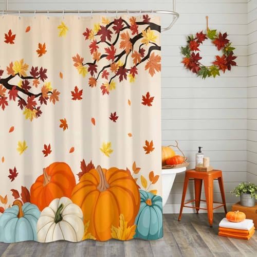 Shower Curtain Bathroom Set Fall Thanksgiving Pumpkin Maple Leaf Waterproof Shower Curtains with Grommets Hooks Orange Gradient Privacy Bath Curtain for Bathtub Decor 72x78in