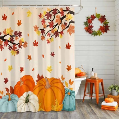 Shower Curtain Bathroom Set Fall Thanksgiving Pumpkin Maple Leaf Waterproof Shower Curtains with Grommets Hooks Orange Gradient Privacy Bath Curtain for Bathtub Decor 48x72in