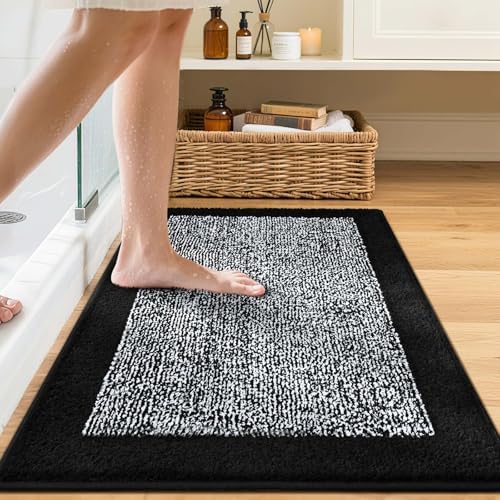 Bathroom Rugs 30x20 Non Slip Washable, Soft Absorbent Bath Mat Black