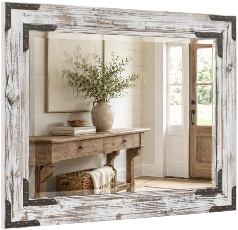 Distressed White 30x40 Inch Wood Bathroom Vanity Mirror, Rivets