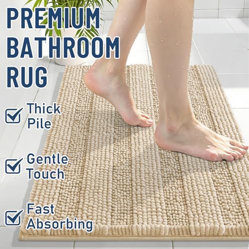 Grandaily Chenille Striped Bathroom Rugs 47x32, Extra Thick and Soft Absorbent Bath Mats, Rubber Backing, Plush Shaggy Shower Carpet, Machine Wash Dry, Bath Rug for Bathroom, Light Beige