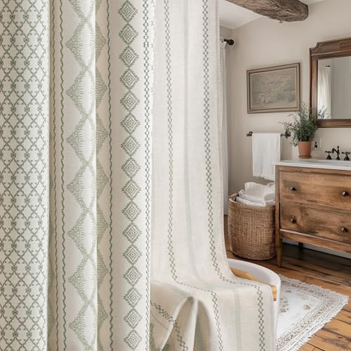 Sage Green Boho Linen Shower Curtain,72" W x 72" L