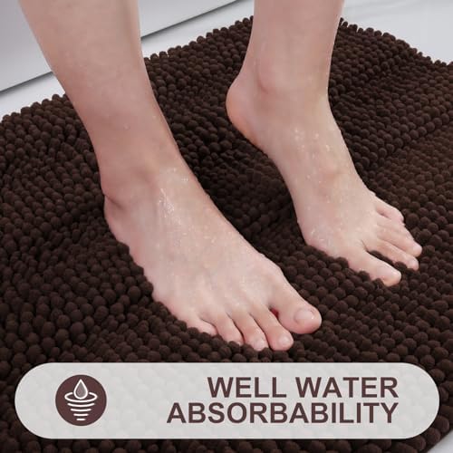 Grandaily Chenille Striped Bathroom Rugs 47x20, Extra Thick and Absorbent Bath Mats, Non-Slip Soft Plush Shaggy Shower Carpet, Machine Wash Dry, Bath Rug for Bathroom, Brown