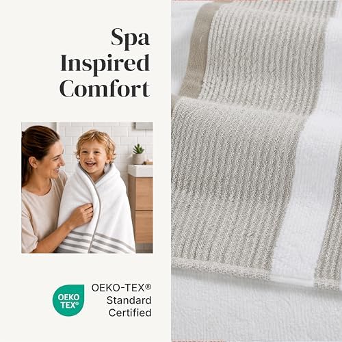 Modern Threads 6 Piece Bath Towel Set – Bathroom Towel Set with 2 Bath Towels, 2 Hand Towels & 2 Washcloths – 100% Cotton, Soft & Absorbent – Classic Border Stripe (Brown)