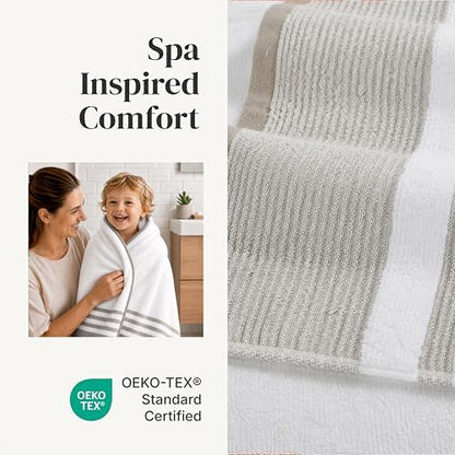 Modern Threads 6 Piece Bath Towel Set – Bathroom Towel Set with 2 Bath Towels, 2 Hand Towels & 2 Washcloths – 100% Cotton, Soft & Absorbent – Classic Border Stripe (Brown)