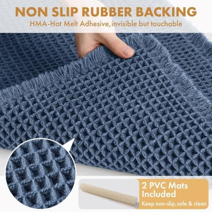 MIULEE Set of 2 Waffle Bathroom Rugs Boho Bath Mat Blue 20x32 Inch