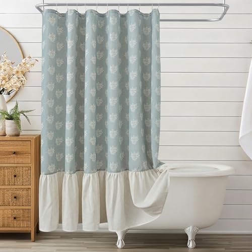 ORTIGIA Linen Textured Ruffle Shower Curtain with Metal Hooks, Blue Vintage Block Print Floral Boho Waterproof Bath Curtain for Rustic Farmhouse Bathroom Decor 72x72 Inch