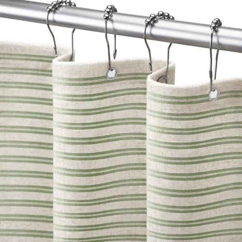 Farmhouse Striped Shower Curtain Horizontal Green Vintage Linen 72"W X 72"L