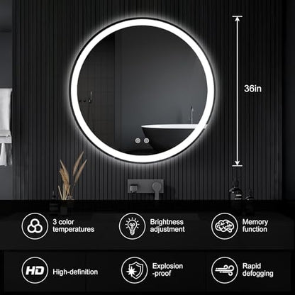 DUMOS 36 Inch Round LED Bathroom Mirror with Lights, Circle Vanity Mirror