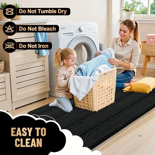 OLANLY Thick Large Bathroom Rugs 59x35, Soft Chenille Bath Rugs, Black