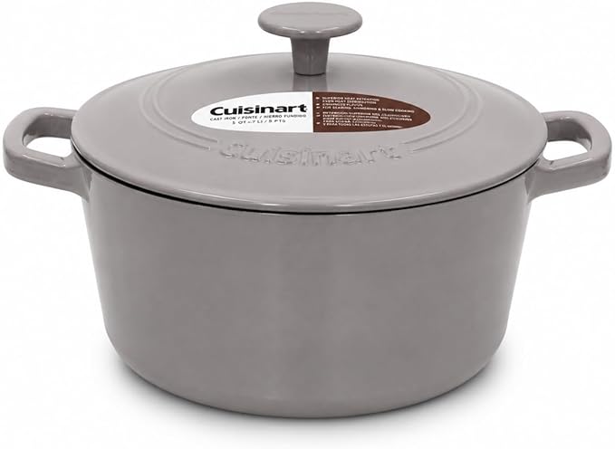 Cuisinart Chef's Classic Enameled Cast Iron Dutch Oven with Lid, Porcelain Enameled Interior, Oven Safe, Induction Compatible, 5-Quart, Round, Grey