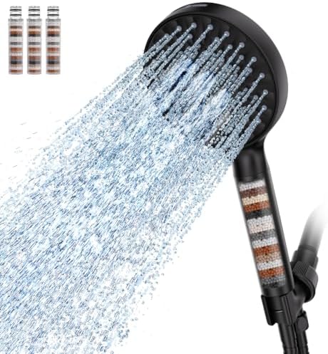 SR SUN RISE Filtered Shower Head with Handheld High Pressure 9 Spray Mode Showerhead Detachable Shower Head Water Softener Filters Beads for Hard Water Remove Chlorine 4 Filters Matte Black