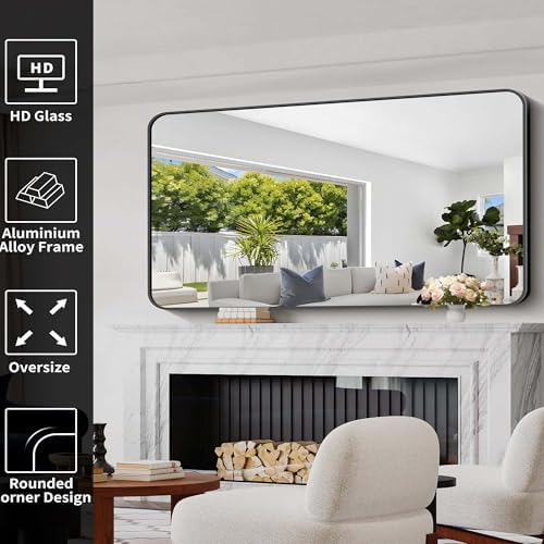 Bathroom Mirror, 60 x 30 inch Black Rectangle Wall Mirror, Metal Frame Rounded Corner Vanity Mirror, Large Wall Mounted Mirrors for Over Sink Bedroom Living Room Horizontal Or Vertical Mounting