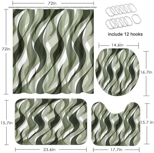 Bathroom Sets with Shower Curtain and Rugs, 4 Pcs, Green Geometric
