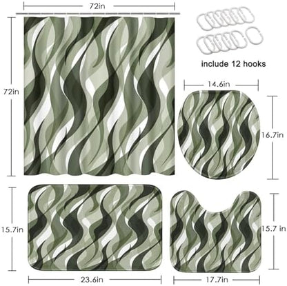 Bathroom Sets with Shower Curtain and Rugs, 4 Pcs, Green Geometric