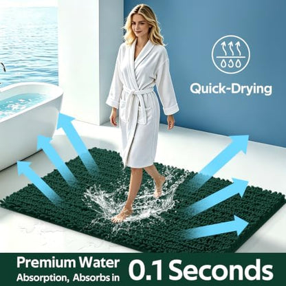 ACCUMTEK Upgrade Extra Large Deep Green Bathroom Rug Set 3 Pieces Ultra Soft, Thick Absorbent Bath Mats, Non Slip Chenille Toilet Mat for Bathroom, Bedroom, Kitchen