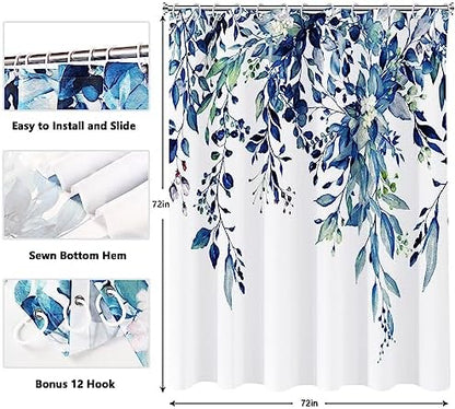 Shower Curtain Blue Eucalyptus Shower Curtains for Bathroom, Watercolor Leaf Shower Curtain Sets Waterproof Plant Shower Curtain Leaves Fabric Cloth Bathroom Curtains 72x72 inch with Hooks