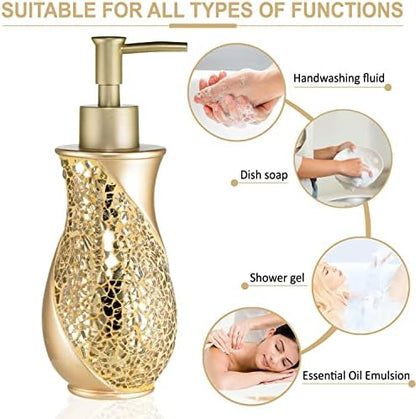 Zahari Home 4pc Sinatra Stylish Bathroom Accessories Set Champagne Gold Soap Dispenser Pump, Tumbler, Tooth Brush Holder and Soap Dish Modern Decor Bling Mosaic Glass Gold Bathroom Accessories