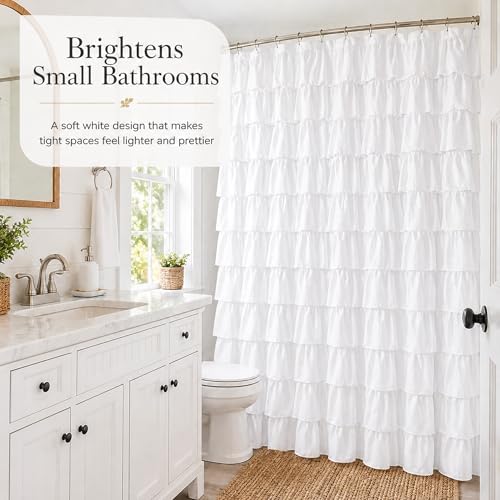 White Ruffle Shower Curtain for Bathroom, 72X84, Layered Ruffles Texture