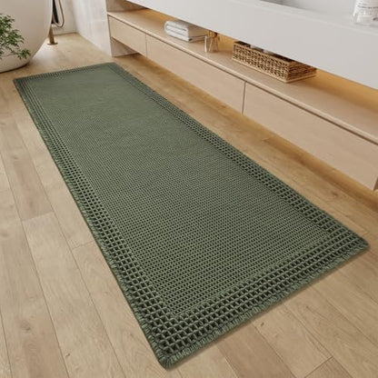 RESARE Waffle Bathroom Runner Rugs, Non Slip Boho Bath Mat 24"x72" Green
